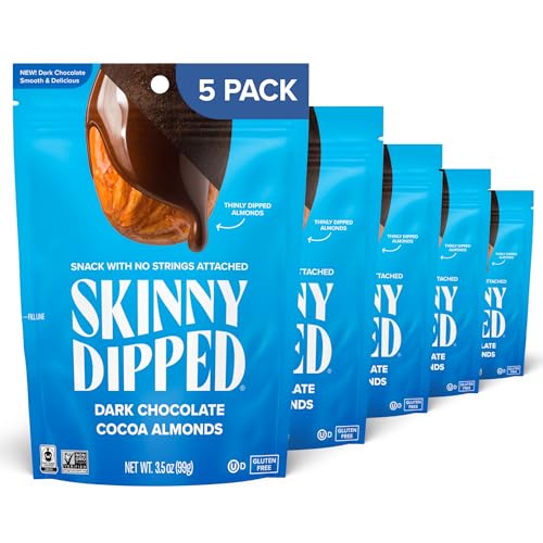 SkinnyDipped Dark Chocolate Cocoa Almonds, Healthy Snack, Plant Protein, Gluten Free, 3.5 oz Resealable Bags (Pack of 5)