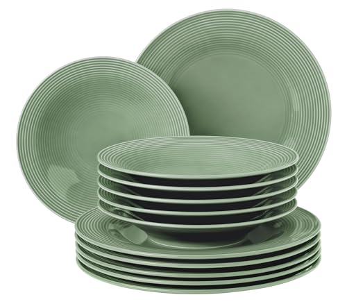 (-40%) SELTMANN WEIDEN Tafelservice 12-teilig BT - Beat - Form: Rund mit Rillenrelief - moderner Stil - Salbeigrün - Color Glaze