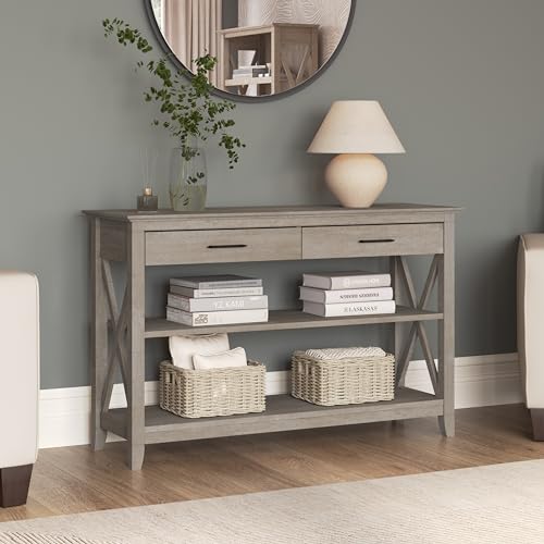 Bush Furniture Key West Console Table This narrow console table has a rustic aesthetic.