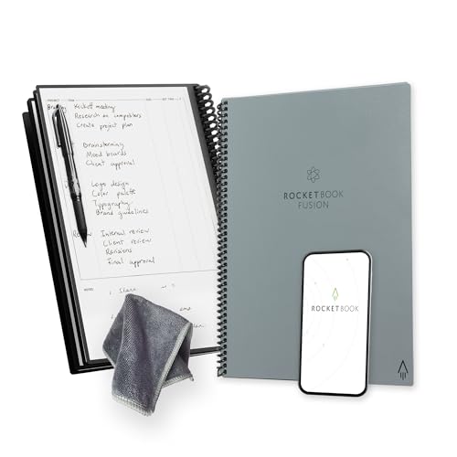 Rocketbook Fusion Reusable Undated Productivity Planner, Letter Size 8.5x11, Gray - Goals, Monthly and Weekly Calendar, Daily To-do List, Lined and Dotted Notes Pages
