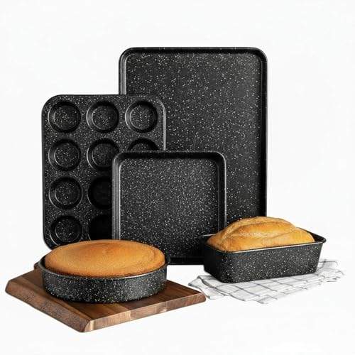 Granitestone Ultra Nonstick Bakeware Set, 5 Piece Dishwasher Safe Baking Pans Set with Muffin Pan, Loaf Pan, Round Bakin