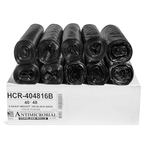 Aluf Plastics High Density Trash Bags, 45 Gallon, 250 Count, 16 Micron (eq), 40" x 48", Black, for Bathroom, Office, Industrial, Commercial, Janitorial, Municipal, Recycling