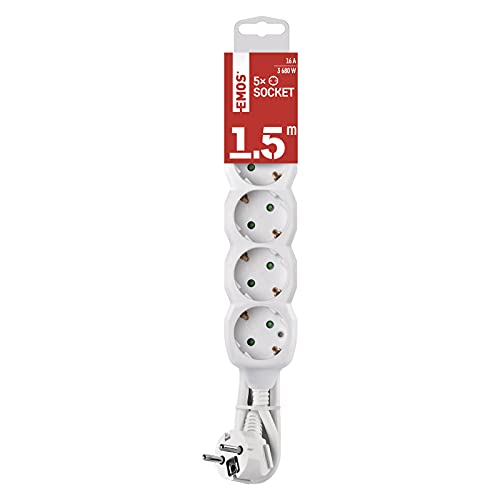 🔥 STARKER PREIS (-62%) EMOS - 5-fach Steckdosenleiste 1,5m - 5 Schuko-Steckdosen 45° gedreht - 250 V, 16 A, 3680 W - hochwertige PVC-Isolierung - H05VV-F3G 1,5 mm2 - erhöhter Berührungsschutz - IP20 für Innen - weiß