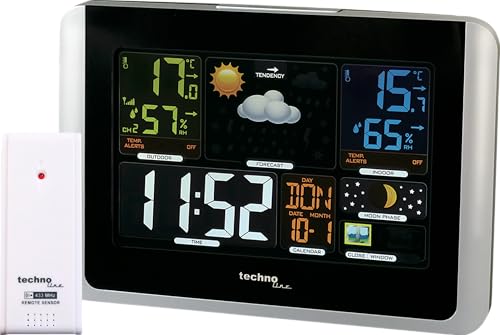 (-41%) techno line WS6442 Funk-Wetterstation mit Farbdisplay & Außensensor – Innen-/Außentemperatur | Luftfeuchtigkeit | Wettervorhersage | Funkuhr | Mondphase | Wecker | Temperaturalarm | Schwarz/Silber