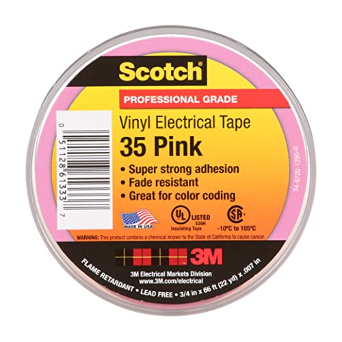 3M Scotch Vinyl Color Coding Electrical Tape 35, Premium Grade, Flame Retardant, UV Resistant, Electrical and Mechanical Protection, Pink, 7 mil, 3/4 in x 66 ft, 1 Roll