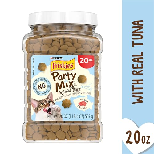 Purina Friskies Natural Cat Treats, Party Mix Natural Yums With Wild Caught Tuna and Added Vitamins, Minerals and Nutrients - 20 oz. Canister