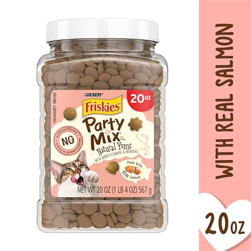 Purina Friskies Natural Cat Treats Party Mix Natural Yums With Real Salmon and Added Vitamins, Minerals and Nutrients - 20 Oz. Canister