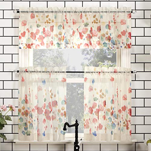 No. 918 Rosalind Watercolor Floral Semi-Sheer Rod Pocket Kitchen Curtain Valance and Tiers Set, 54" x 36", Poppy Red