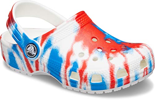 red white blue tie dye crocs