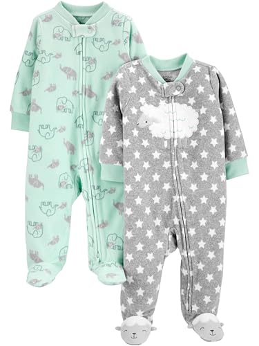 Simple Joys by Carter's Pacote com 2 pares de lã neutra com pés para dormir e brincar, Estrelas cinzas/elefante verde me...