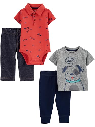 Simple Joys by Carter's Conjunto de 4 peças de macacão, blusa e calça para bebês meninos, Cachorro cinza escuro/jeans/az...