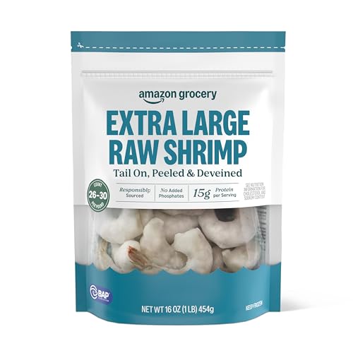 Amazon Fresh Brand, Raw Extra Large Peeled & Deveined Tail On Shrimp (26 to 30 Count/Pound), 1 Lb (Frozen), Responsibly Sourced, Phosphate Free