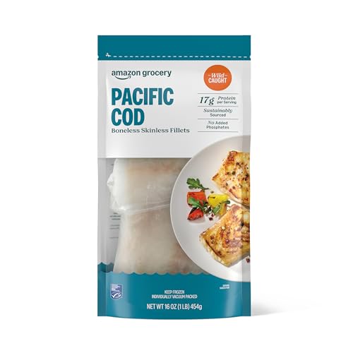 Amazon Fresh Brand, Wild Caught Pacific Cod Skinless Fillet Portions, Frozen, Sustainably Sourced, Phosphate Free, 1 Lb