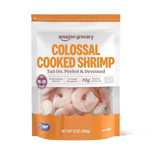 Amazon Fresh Brand, Cooked Colossal Peeled & Deveined Tail On Shrimp, Responsibly Sourced, Phosphate Free, Frozen, 12 Oz (16-20 Count/Pound)