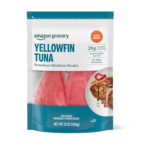 Amazon Fresh Brand, Wild Caught Yellowfin Tuna Steaks, Frozen, Sustainably Sourced, Phosphate Free, 12 Oz