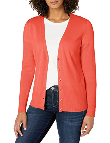 Amazon Essentials Women's Lightweight V-Neck Cardigan Sweater (Available in Plus Size), Coral Pink, X-Large