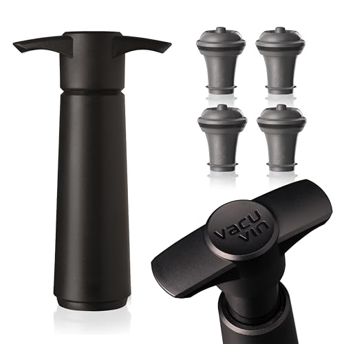 Vacu Vin Original Wine Saver with 4 Vacuum Bottle Stoppers – Black Wine Preserver Pump for Red or White Wine – Manua