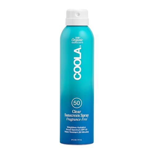 COOLA Organic Sunscreen SPF 50 Sunblock Spray, Dermatologist Tested Skin Care for Daily Protection, Vegan and Gluten Free, Fragrance Free, 6 Fl Oz
