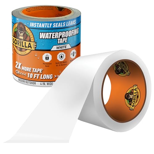 Gorilla Waterproof Patch & Seal Tape, White Tape, 4" x 10' (Pack of 1) - Permanent Weather Resistant Seal for Leaks and Repairs