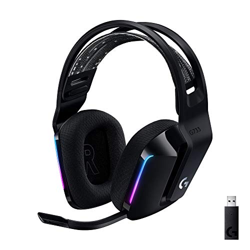 Logitech - Auriculares inalámbricos G733 Lightspeed para juegos, con diadema de suspensión, Lightsync RGB, tecnología de micrófono Blue VO!CE y controladores de audio PRO-G, color negro
