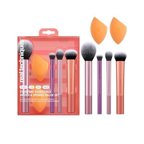 🔥 STARKER PREIS (-37%) Real Techniques Everyday Essentials + Make-up-Schwamm-Set, 4 Make-up-Pinsel und 2 Blender-Schwämme, für Foundation, Rouge, Bronzer, Lidschatten und Puder, synthetische Borsten, 6-teiliges Set