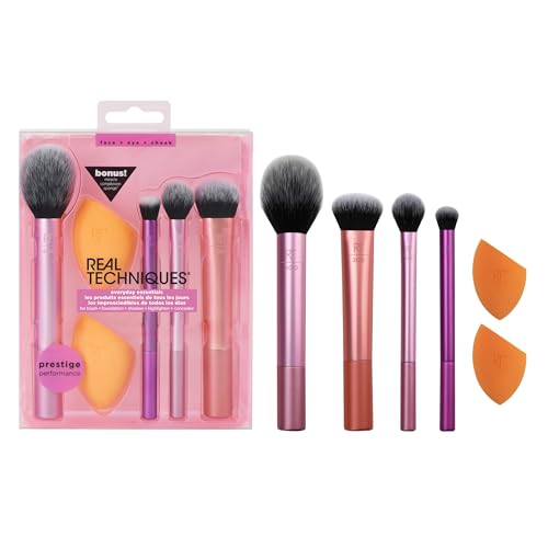 Real Techniques 6 Piece Everyday Essentials Makeup Brush Set, Includes 4 Brushes &amp; 2 Makeup Sponges, For Foundation,