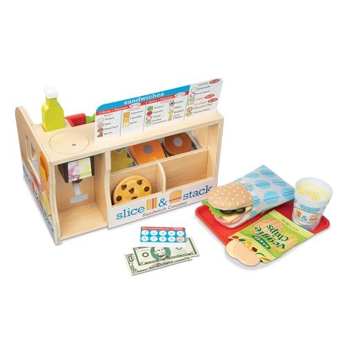 Melissa & Doug Slice-Stack-Serve, Wooden Sandwich Counter Pretend Play Store with Play Food Toys, Play Money & Deli Slic