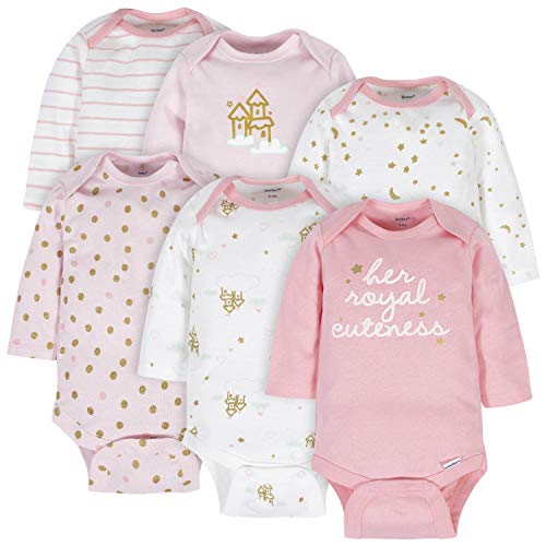 Gerber Baby Girls' 6-Pack Long-Sleeve Onesies Bodysuits, Castle, 12 Months