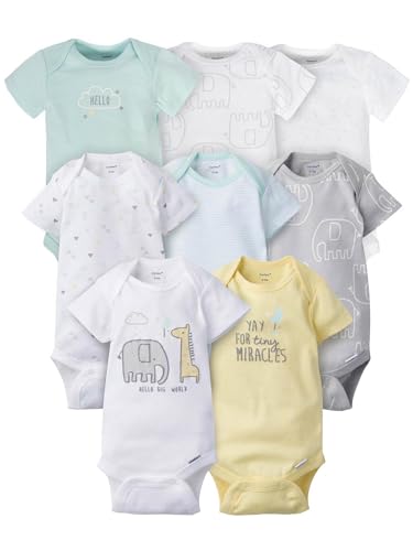 Gerber Baby 8-Pack Short Sleeve Onesies Bodysuits, Animals Green, 0-3 Months