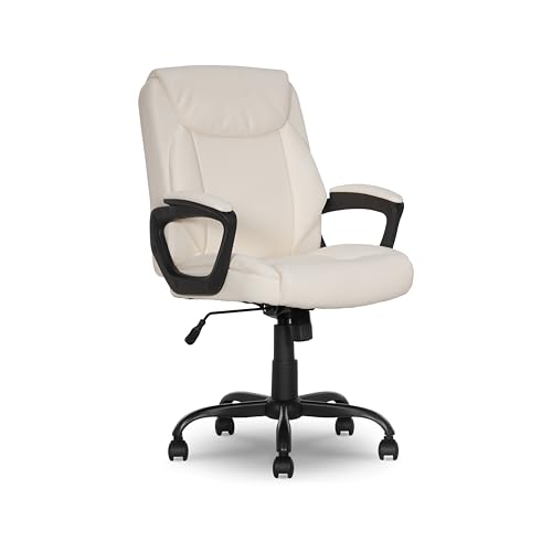 Amazon Basics Classic Puresoft PU Padded Mid-Back Height Adjustable Office Computer Desk Chair with Armrest, 26"D x 23.75"W x 42"H, Cream