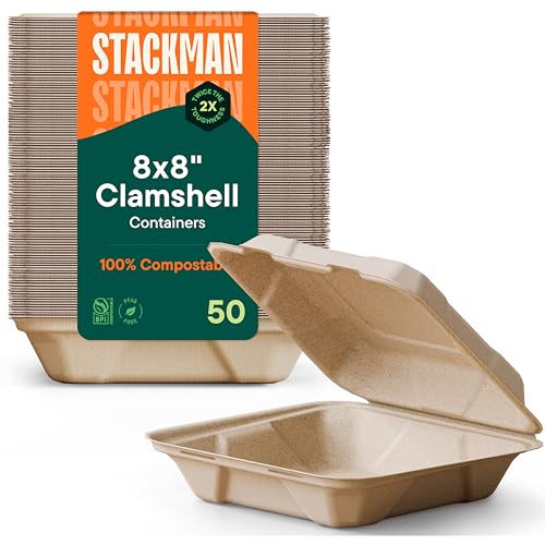 Stack Man 100% Compostable Clamshell Take Out Food Containers [8X8 50-Pack] Heavy-Duty Quality to go Containers, Natural Disposable Bagasse, Eco-Friendly Biodegradable Made of Sugar Cane Fibers
