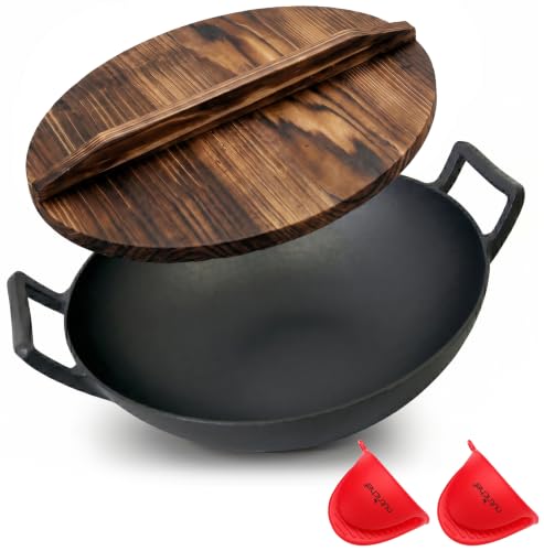 NutriChef 14 Inch Cast Iron Wok with Wooden Lid