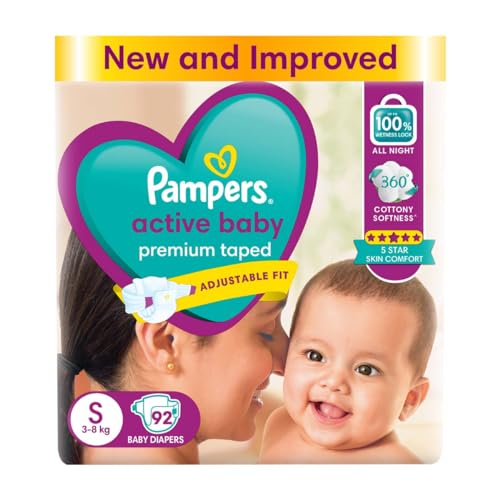 Pampers Active Baby Taped Diapers, Small size diapers, (S) 92 count, taped style custom fit | Taped Style, Custom Fit