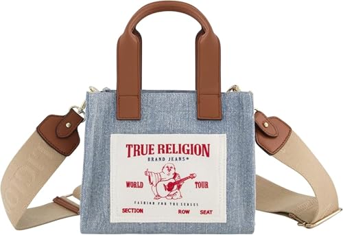 True Religion Tote Bag, Women's Mini Travel Shoulder Bag with Adjustable Strap, Denim