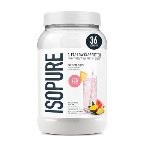 Isopure Clear Whey Isolate Protein Powder, Lactose Free, Gluten Free, Naturally Flavored, Tropical Punch, 20g Protein Per Serving, 1.9 Lbs, 36 Servings (Packaging May Vary)