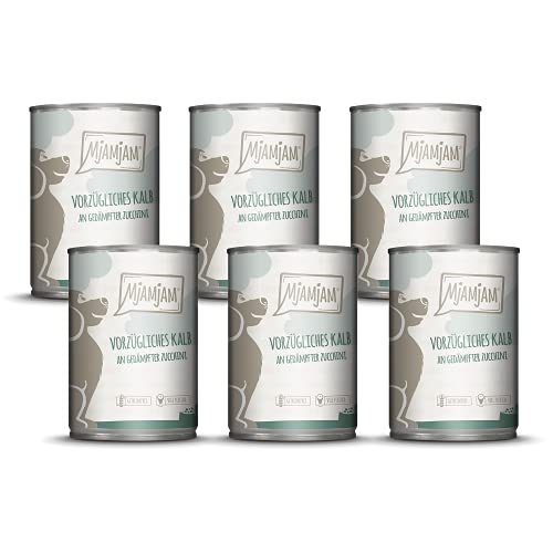 🔥 STARKER PREIS (-37%) MjAMjAM - Premium Nassfutter für Hunde - vorzügliches Kalb an gedämpfter Zucchini, 6er Pack (6 x 400 g), getreidefrei mit extra viel Fleisch