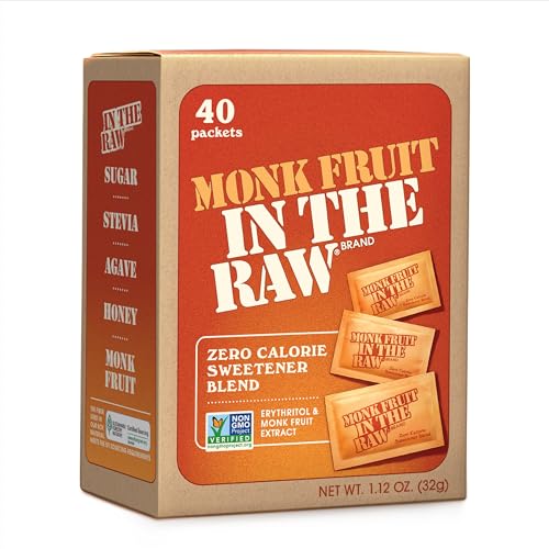 MONK FRUIT IN THE RAW, Natural Monk Fruit Sweetener w/ Erythritol, Sugar-Free, Keto, Gluten Free, Zero Calorie, Low Carb, Vegan Sugar Substitute, 40 Count Packets (Pack of 1)