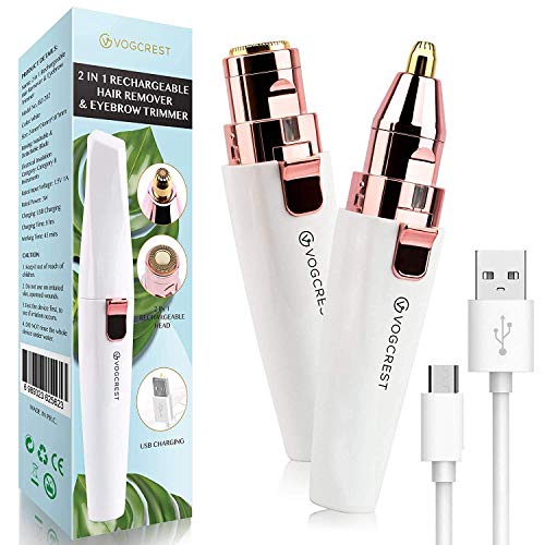 (-30%) VG VOGCREST Augenbrauen-Gesichtstrimmer 2 in 1 Wiederaufladbare Gesichtshaarentfernung und Augenbrauenrasierer - Gesicht Lippen Körper Schmerzloser Gesichtsrasierer mit eingebauter LED (Weiß)