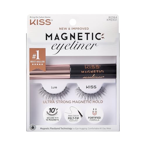 KISS Magnetic False Eyelashes and Eyeliner, 'Lure', 12mm, Easy to Apply, Reusable, No Glue, Flexiband Technology, Precision Felt Tip, Fortified Formula, 1 Pair Strip Lashes