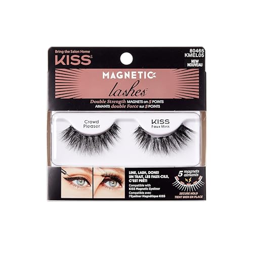KISS Magnetic Lashes, Crowd Pleaser, 1 Pair of Synthetic False Eyelashes With 5 Double Strength Magnets, Wind Resistant, Dermatologist Tested Fake Lashes Last Up To 16 Hours, Reusable Up To 15 Times