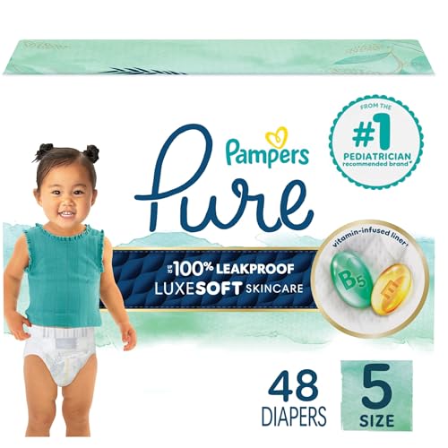 Pampers Pure Protection Baby Diapers, Size 5 (27+ lbs), 48 Count, Up to 100% Leakproof, Premium Plant-based Skin Protection, Hypoallergenic Soft Diapers