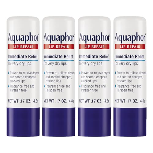 Aquaphor Lip Repair Stick with Jojoba Oil and Shea Butter, Moisturizing Lip Balms, Fragrance Free and Paraben Free, Immediately Relieves Dryness, 0.17 Oz Stick, Pack of 4