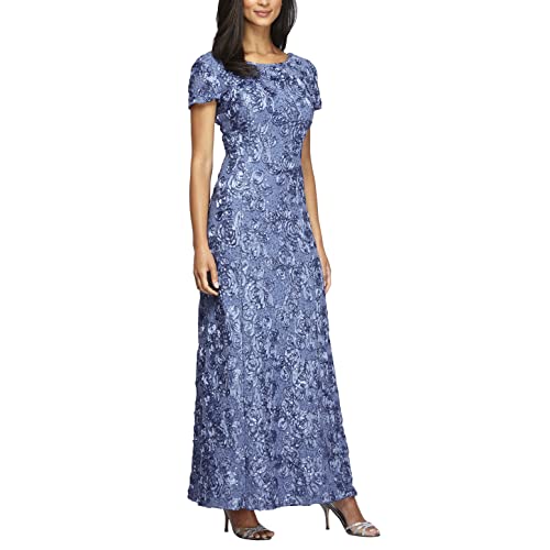Alex Evenings Women's Regular Long Rosette Mother of The Bride Dress with Short Sleeves, Formal Gown, Wedding Guest, Brushed Periwinkle, 18
