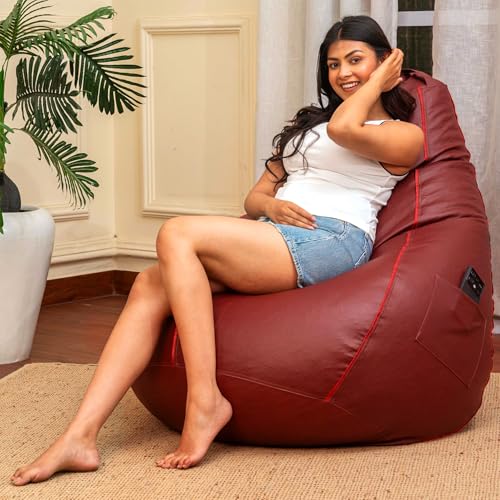 Sattva Classic Piping XXXL Bean Bag with Pocket Filled with Beans | Faux Leather Teardrop Bean Bag for Adults & Teens | Pre-Filled Comfortable Seating