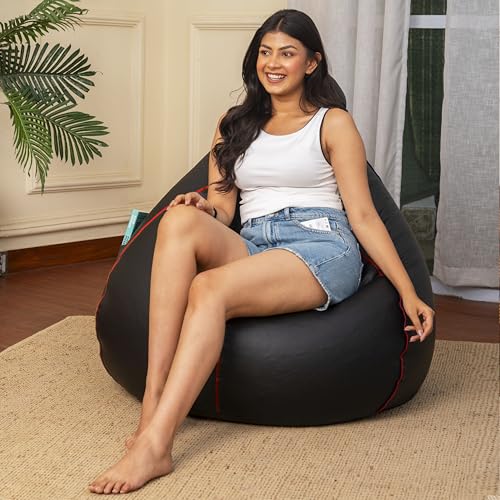Sattva Classic Piping XXXL Bean Bag with Pocket Filled with Beans | Faux Leather Teardrop Bean Bag for Adults & Teens | Pre-Filled Comfortable Seating