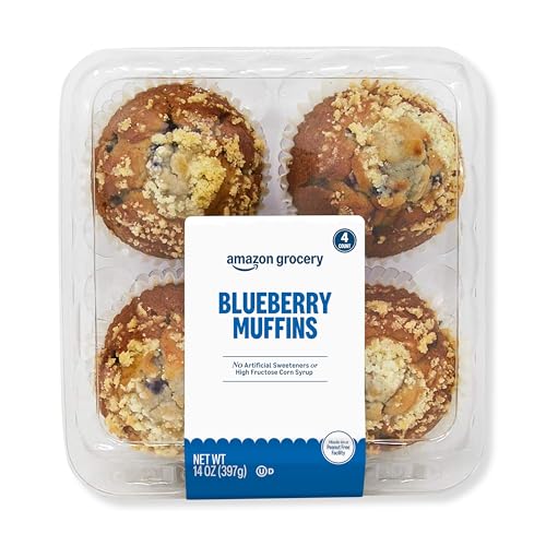 Amazon Grocery, Blueberry Muffins, 14 Oz, 4 Ct, Frozen (Previously Fresh Brand, Packaging May Vary)
