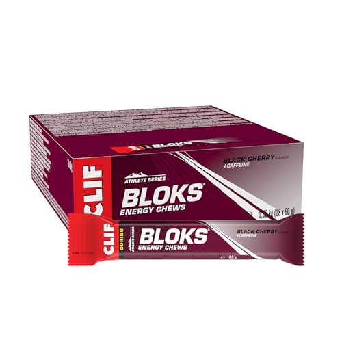 CLIF BLOKS Energy Chews | Black Cherry with Caffeine | Plant Based | Quick Energy for Running, Cycling & Marathon Training | Endurance Workout Snack | 18 x 60 g