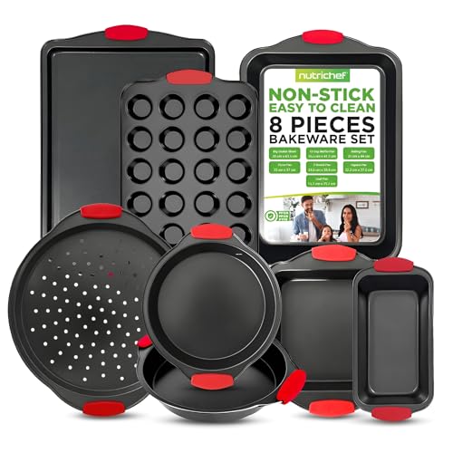 NutriChef Non-Stick Kitchen Oven Baking Pans-Deluxe & Stylish Nonstick Gray Coating Inside Outside, Commercial Grade Restaurant Quality Metal Bakeware with Red Silicone Handles NCSBS8S, 8 Piece Set