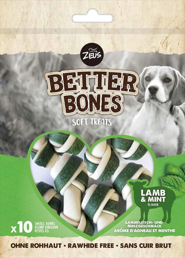 Zoë Better Bones Soft Dog Treat Chews, Pouch of Rawhide-Free, Bone-Shaped Dog Training Chews - Lamb & Mint Flavour, 1 Bag of 10 pcs