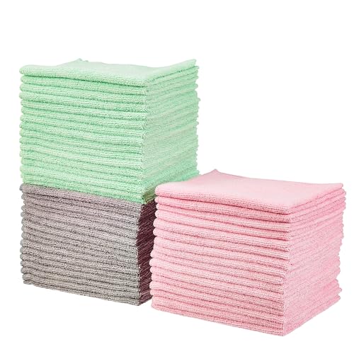 Amazon Basics Microfiber Cleaning Cloths, Non-Abrasive, Reusable and Washable, Pack of 48, Green/Gray/Pink, 16" x 1